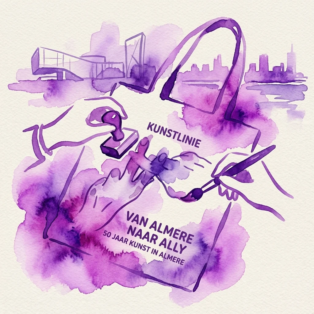 Fioletowa akwarelowa ilustracja dłoni projektujących torbę z nadrukami i farbą, na tle panoramy miasta z napisem 'KUNSTLINIE' i 'VAN ALMERE NAAR ALLY 50 JAAR KUNST IN ALMERE'.