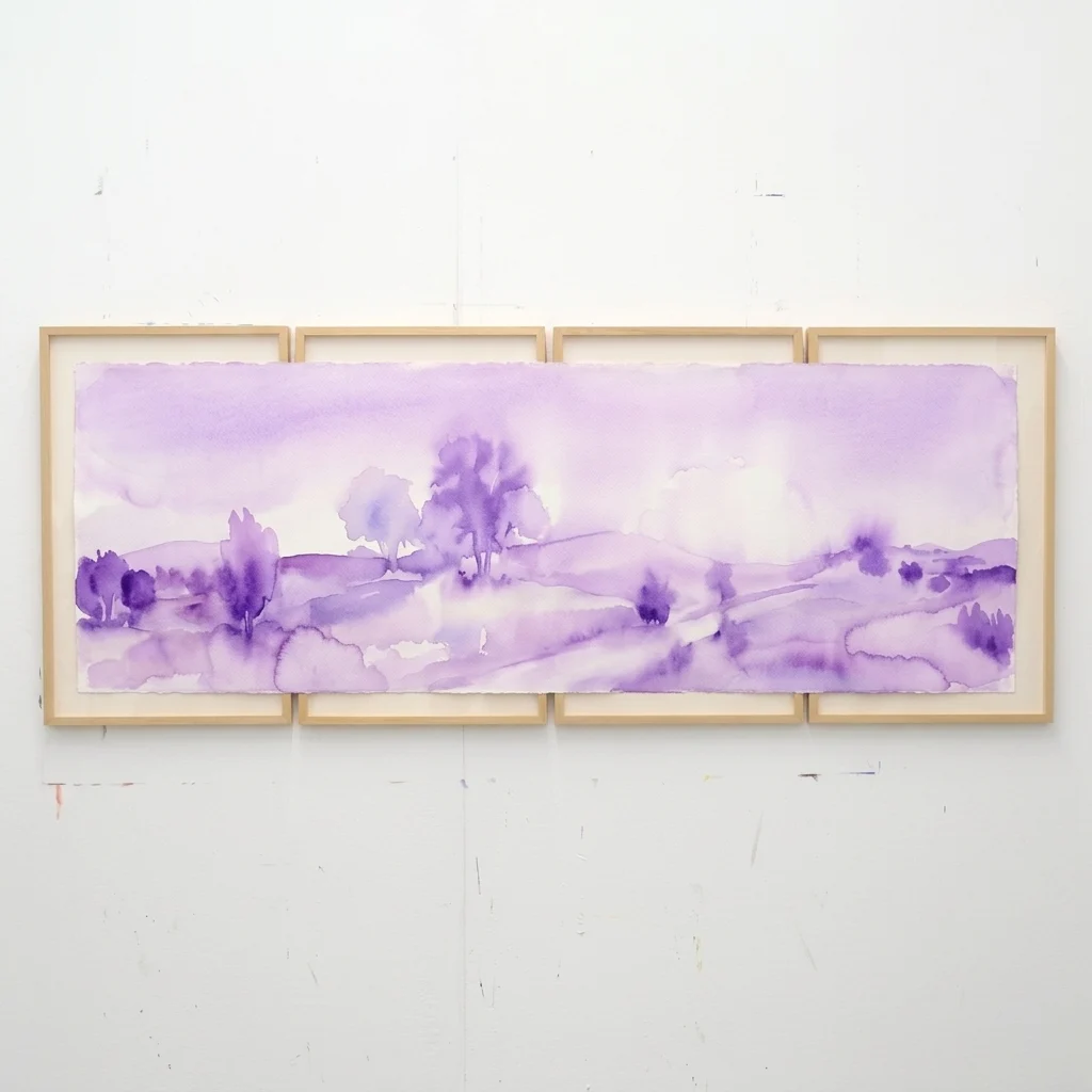 A triptych of purple watercolor landscapes on paper, framed in light wood, depicting a hazy, overexposed childhood scene from Fatima Barznge's 2013 series 'My lost Paradise'.