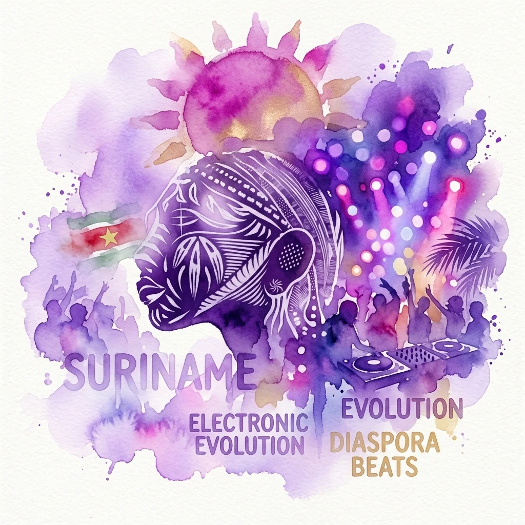 Barwne akwarelowe dzieło sztuki dla NAK MI EDE, przedstawiające stylizowany profil ze słuchawkami, flagę Surinamu, gramofony DJ-skie i tekst 'SURINAME ELECTRONIC EVOLUTION' oraz 'DIASPOA BEATS' na tle w kolorach fioletowym i złotym.