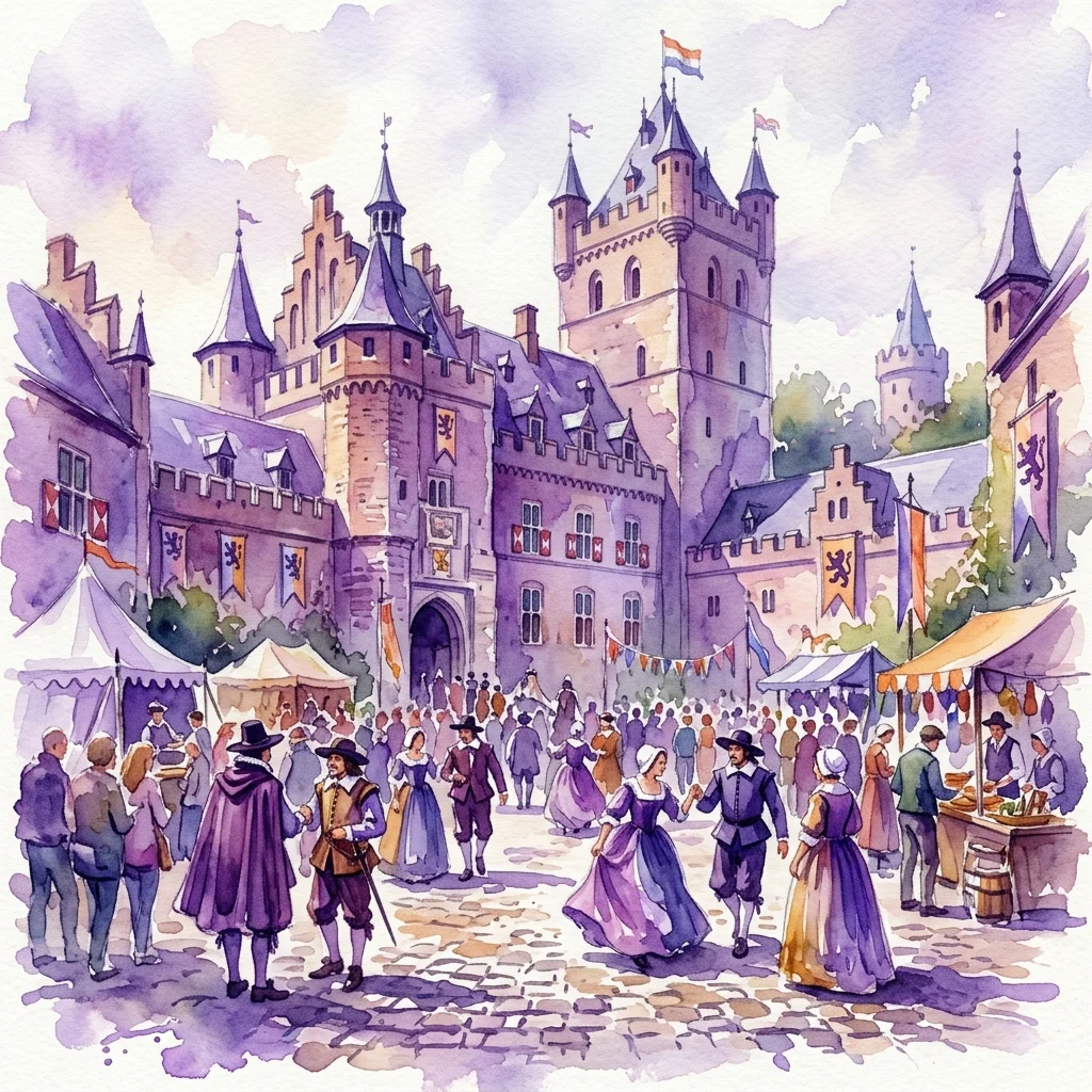 Ilustracja akwarelowa Kasteel van Breda podczas Nassaudag 2025, przedstawiająca rekonstruktorów w strojach z epoki, zwiedzających dziedziniec oraz historyczne sztandary na murach zamku.