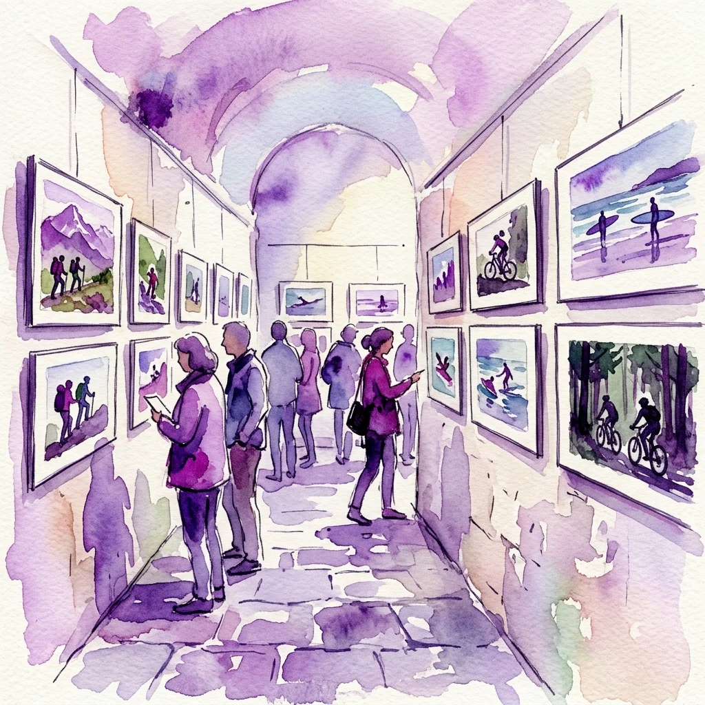 Watercolor illustration of visitors viewing a photography exhibition in a narrow gallery, featuring images of people engaging with nature through activities like hiking, cycling, and surfing.
