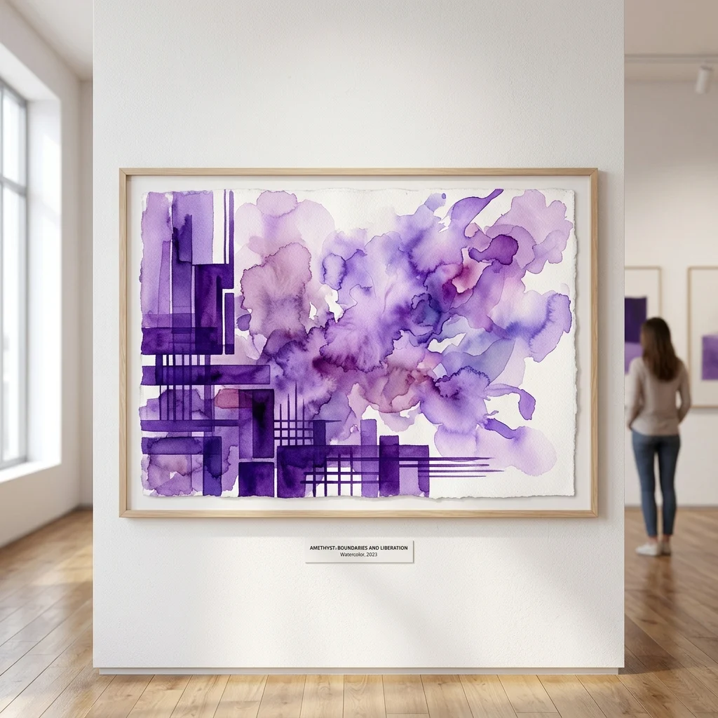 Obra de arte abstracta en acuarela en morado y blanco, titulada 'Boundaries and Liberation' de Amethyst, expuesta en una galería con un visitante observando al fondo.