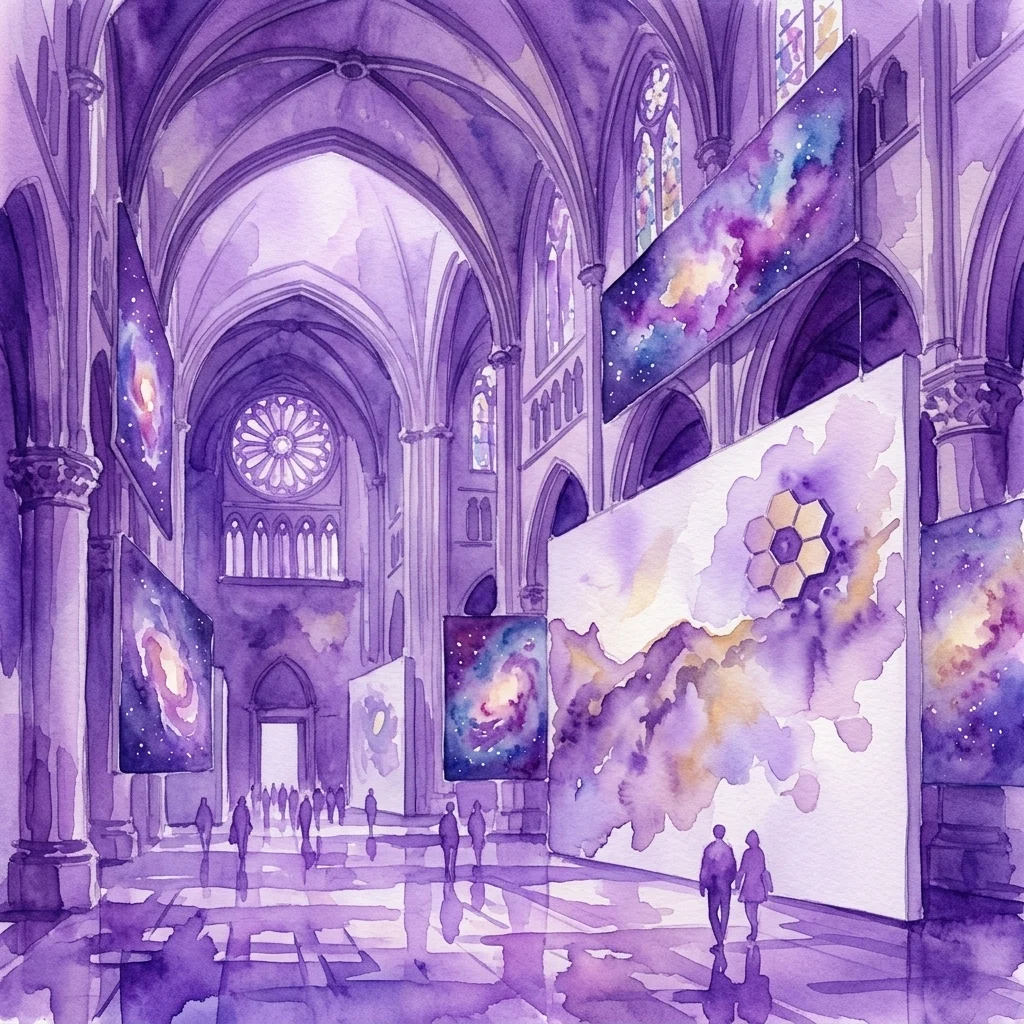 Waterverfillustratie van een groots kerkinterieur met hoge gewelven, met grootschalige kosmische beelden uit de James Webb Space Telescope-tentoonstelling.