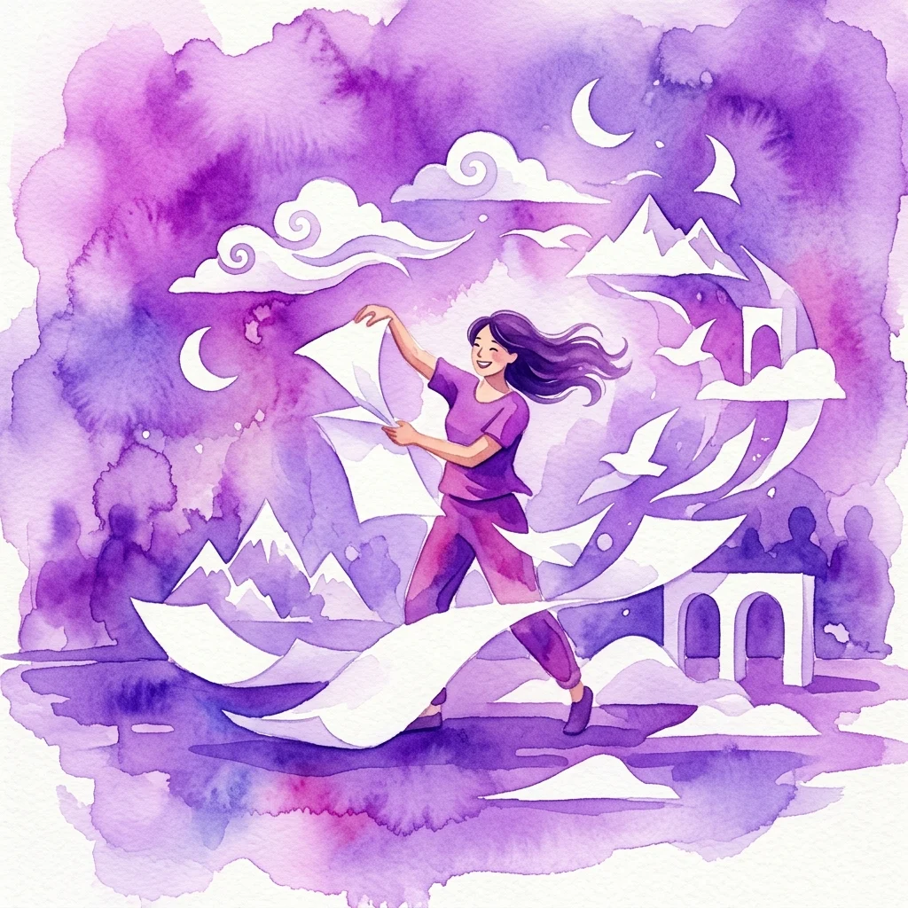 Ilustracja akwarelowa przedstawiająca artystę w fioletowych ubraniach radośnie rzucającego białe kartki papieru, tworzącą fantazyjny krajobraz z górami, chmurami i ptakami na tle fioletowego nieba.