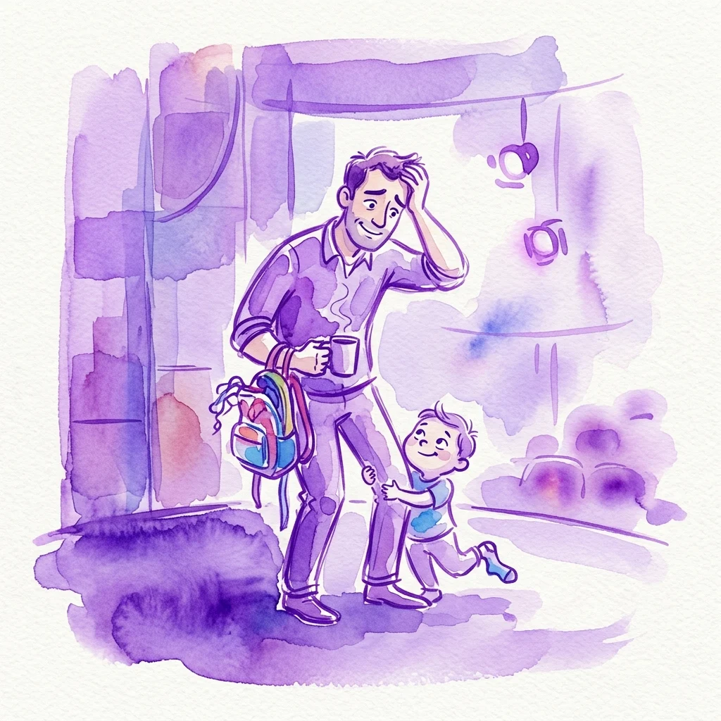 A watercolor illustration of a man holding a coffee mug and a child's backpack, with a young boy clinging to his leg, set against a purple-hued theater stage backdrop.