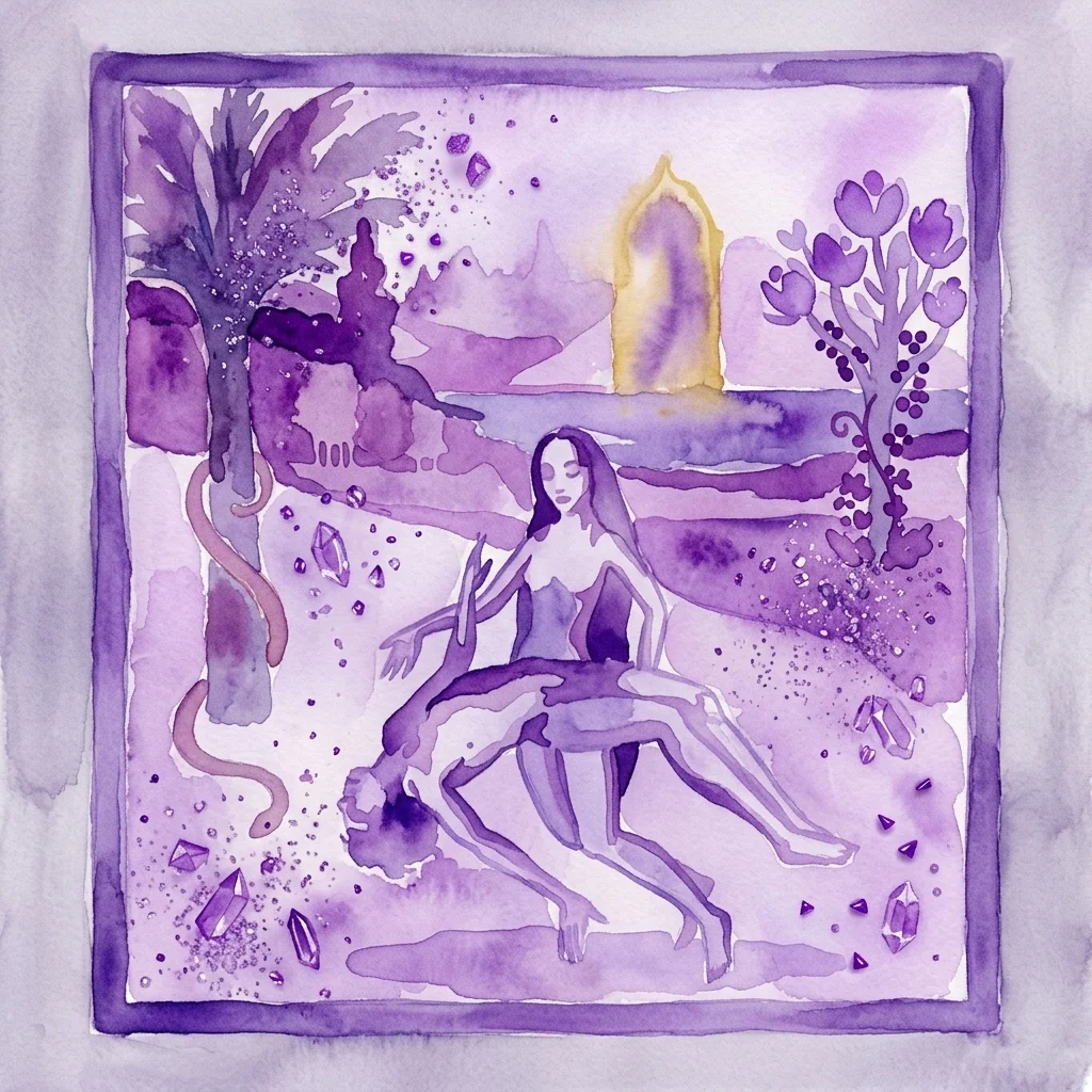 Una obra de arte textil contemporánea titulada 'Piëta' de Joyce Overheul, que representa una escena inspirada en la Caída del Hombre bíblica con figuras en un paisaje teñido de púrpura, con terciopelo, seda, abalorios y cristales.