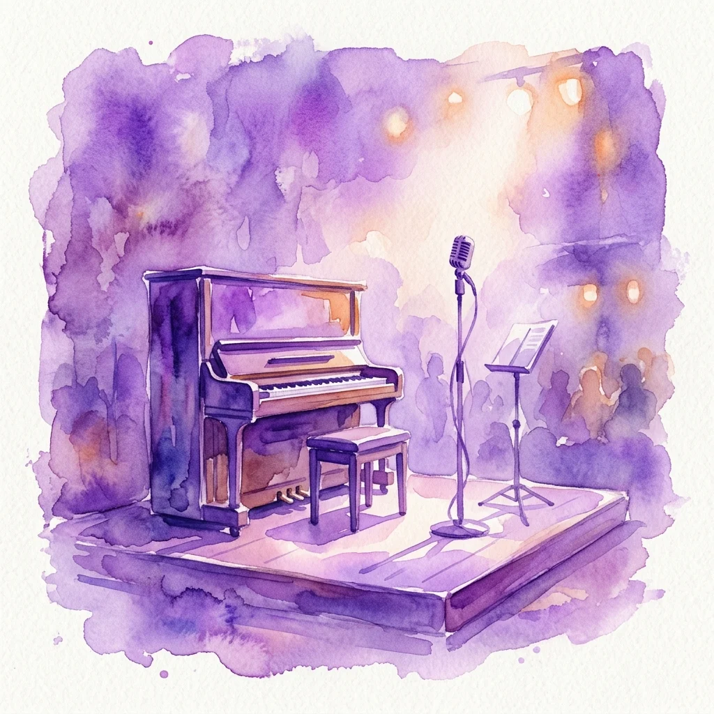 Watercolor illustration of a piano and microphone on a stage with purple lighting, representing a poetry and music performance at Museum Klooster Ter Apel.
