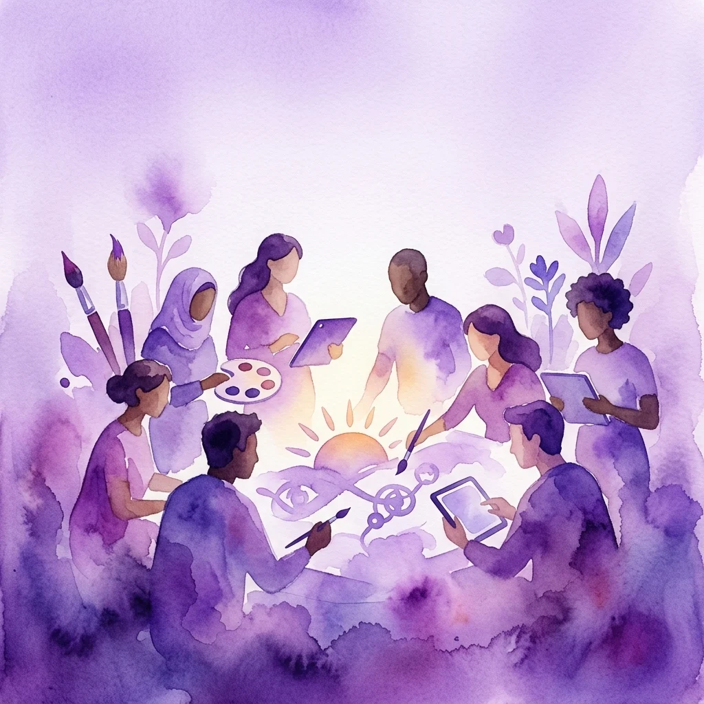 Una ilustración en acuarela de diversos artistas jóvenes colaborando alrededor de una mesa, utilizando materiales de arte y dispositivos digitales para crear una visión esperanzadora para el futuro.