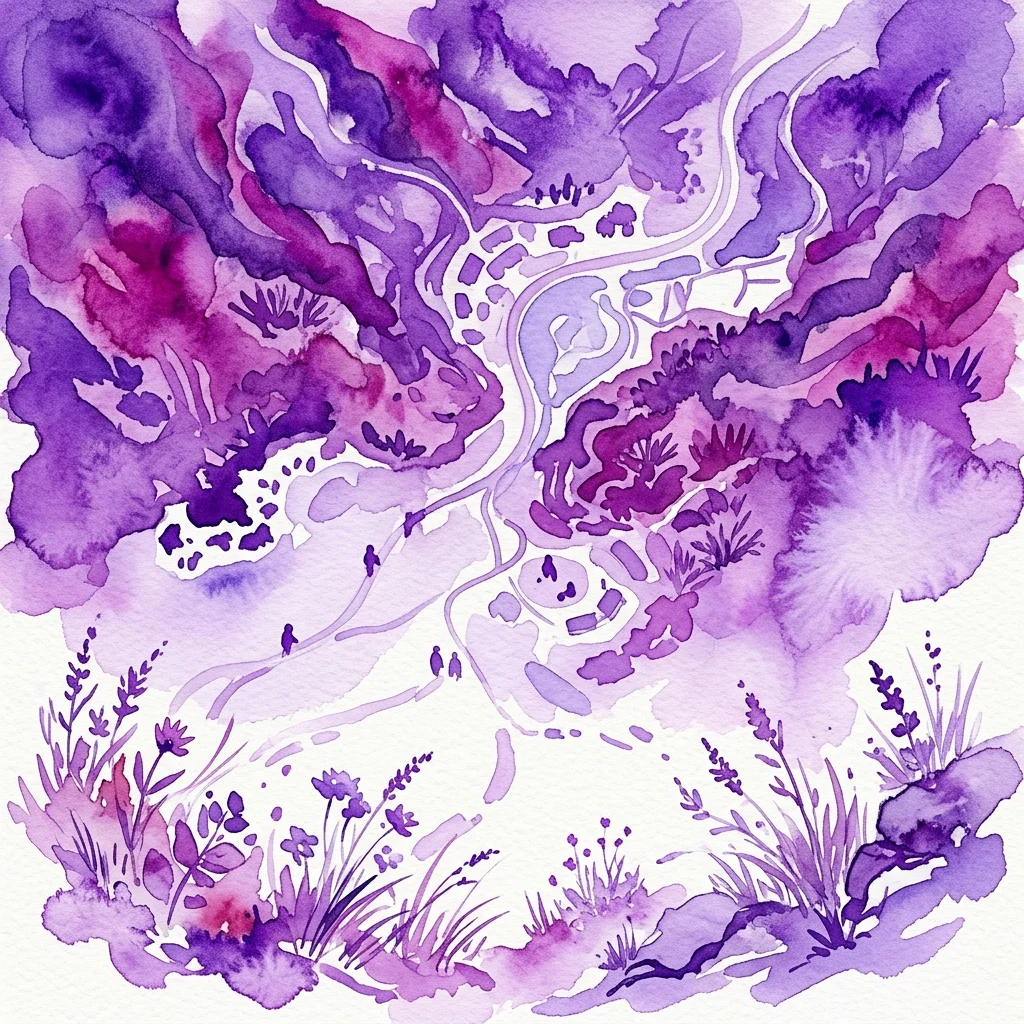 A watercolor artwork in purple hues depicting an aerial view of a natural landscape with winding paths, small figures, and vegetation, representing the interplay between nature and human recreation.