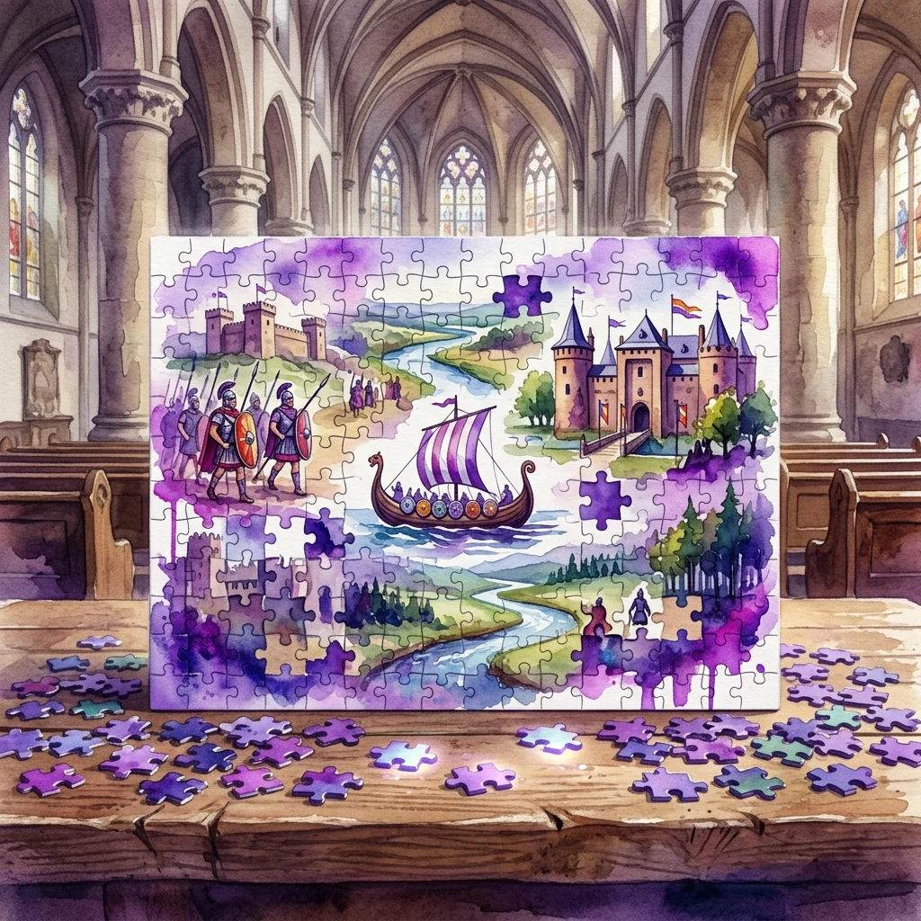 A 1000-piece jigsaw puzzle depicting historical scenes from Gelderland, including Roman soldiers, Viking ships, castles, and landscapes, displayed on a wooden table inside the Walburgiskerk.