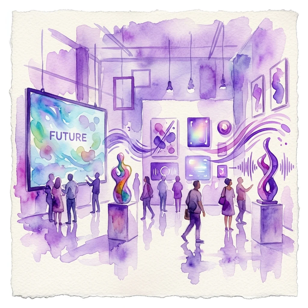 A watercolor illustration of a modern art gallery exhibition titled RE:FWD, featuring diverse artworks, sculptures, and digital displays with the word 'FUTURE' on a screen, showcasing hopeful visions for the future through visual art, sound, and movement.