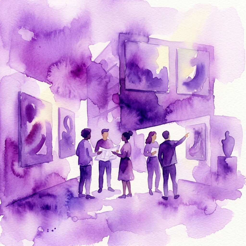 Een aquarelillustratie van een diverse groep jonge curatoren die hedendaagse kunstwerken bespreken in een moderne galerie, met als thema de RE:FWD-tentoonstelling over hoop voor een jongere generatie.