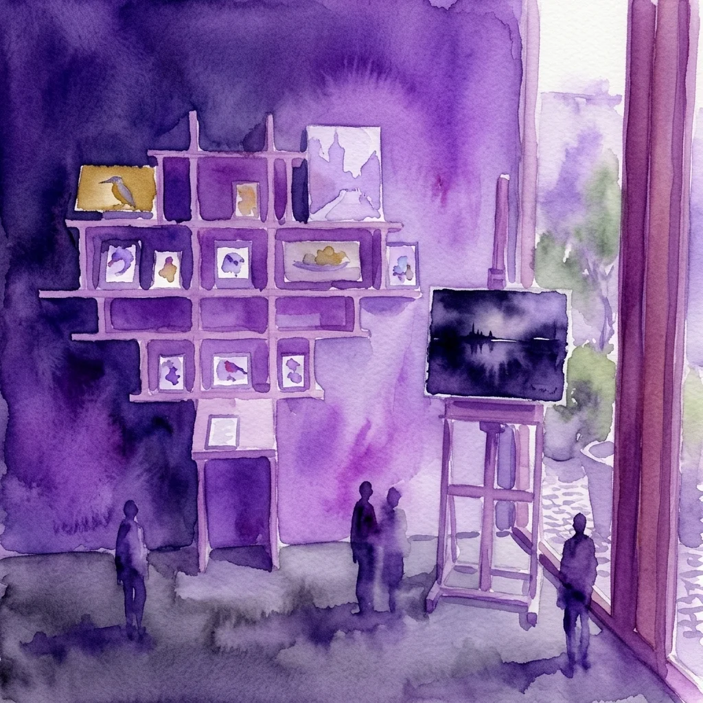Ilustración en acuarela de una exposición de arte en una sala de tonos púrpuras, con pinturas en un estante y un caballete, y visitantes observando las obras de arte.