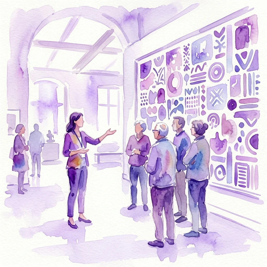 Una ilustración en acuarela de un guía de museo que dirige a un grupo de visitantes a través de una exposición, señalando una pared de arte gráfico con patrones geométricos.