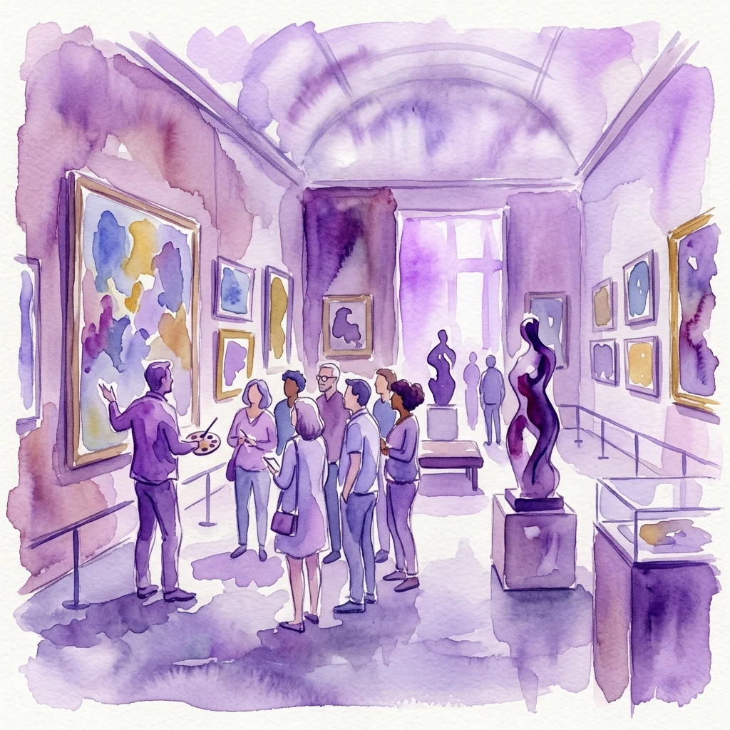 A watercolor illustration of a guided tour in an art gallery, with a guide holding a palette and explaining artworks to a group of visitors.