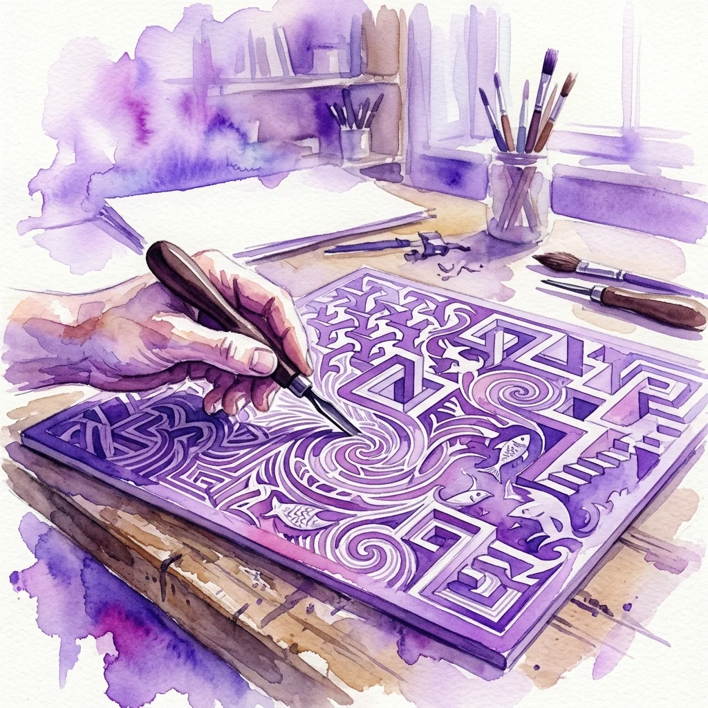 Una mano tallando intrincados patrones geométricos en un bloque de linóleo morado, inspirada en las obras de M.C. Escher, en un estudio creativo.