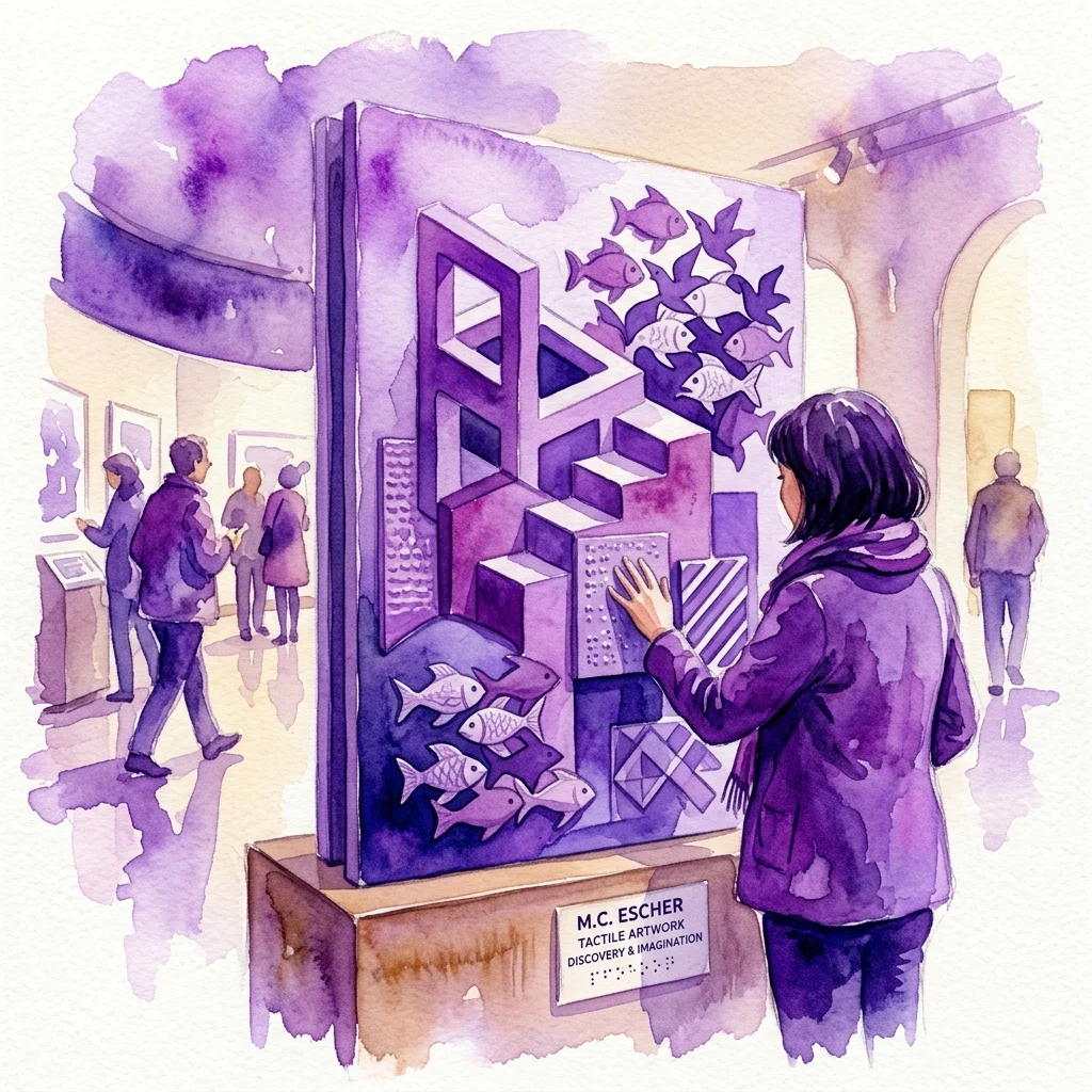 Een bezoeker met een visuele beperking verkent een tactiel M.C. Escher kunstwerk in een museum, voelt een verhoogde reliëf van vissen en geometrische vormen op een paars displaypaneel.