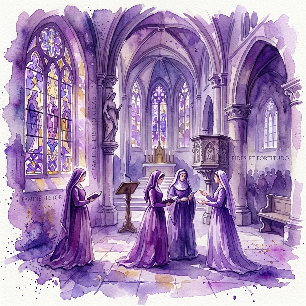 Waterverfillustratie van vrouwen in paarse gewaden in de Grote Kerk Breda, die tijdens een rondleiding glas-in-loodramen en historische artefacten bekijken.