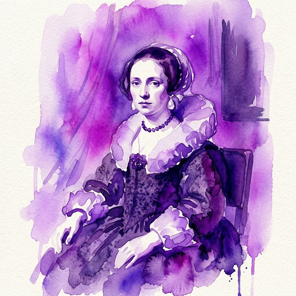 Een aquarelportret van een vrouw in 17e-eeuwse Nederlandse klederdracht, weergegeven in paarse tinten, geïnspireerd op de Gouden Eeuw-portretkunst.