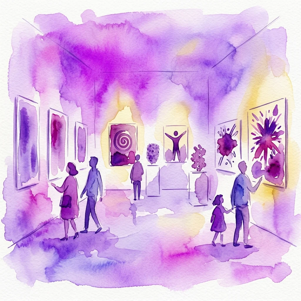 Watercolor illustration of visitors viewing artworks in a gallery, featuring vibrant purple and yellow hues, with diverse individuals including a child observing expressive paintings and sculptures.