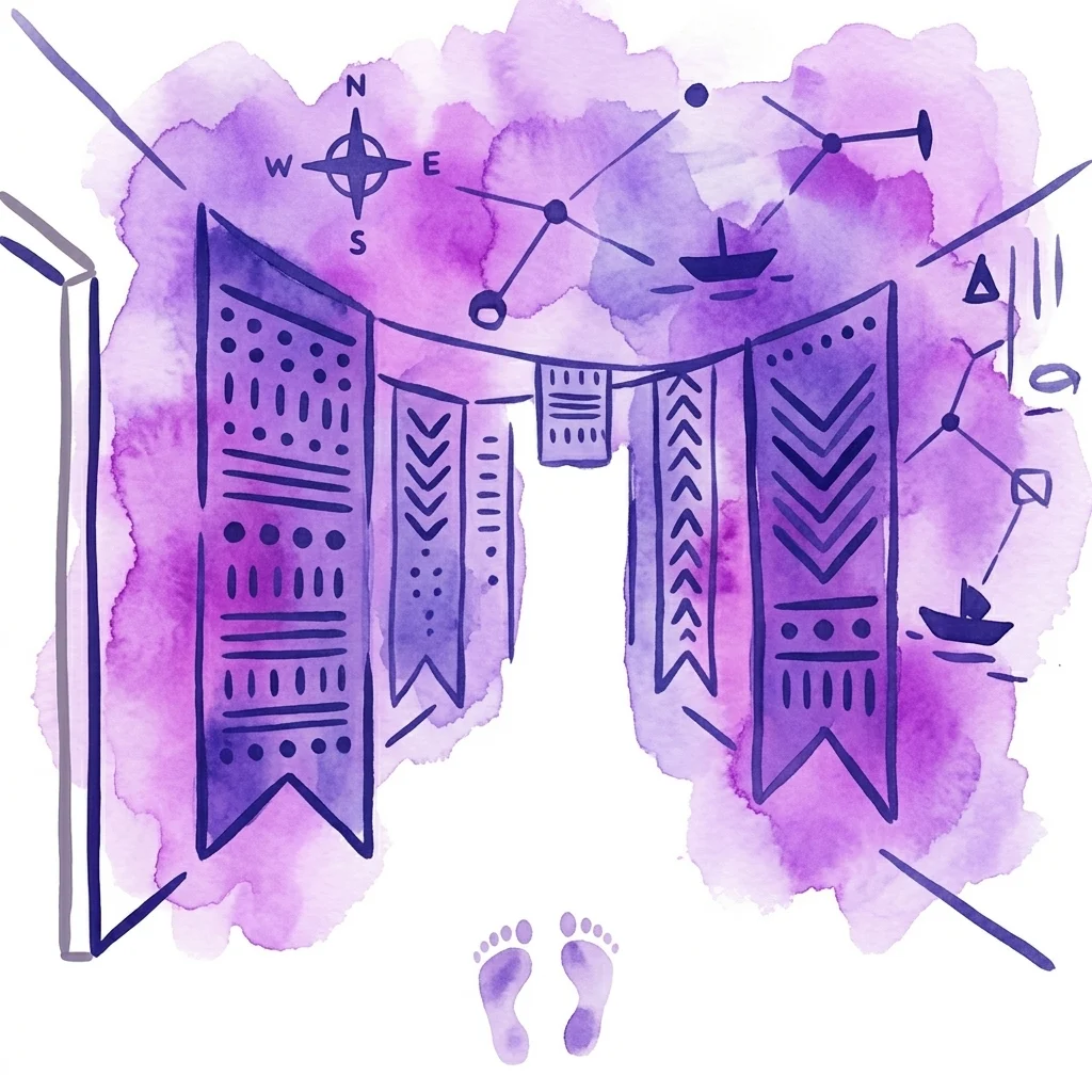 An artistic illustration of an immersive textile installation with indigo block-printed banners featuring geometric patterns, set against a purple watercolor background with a compass, boats, and footprints suggesting migration and cultural exploration.