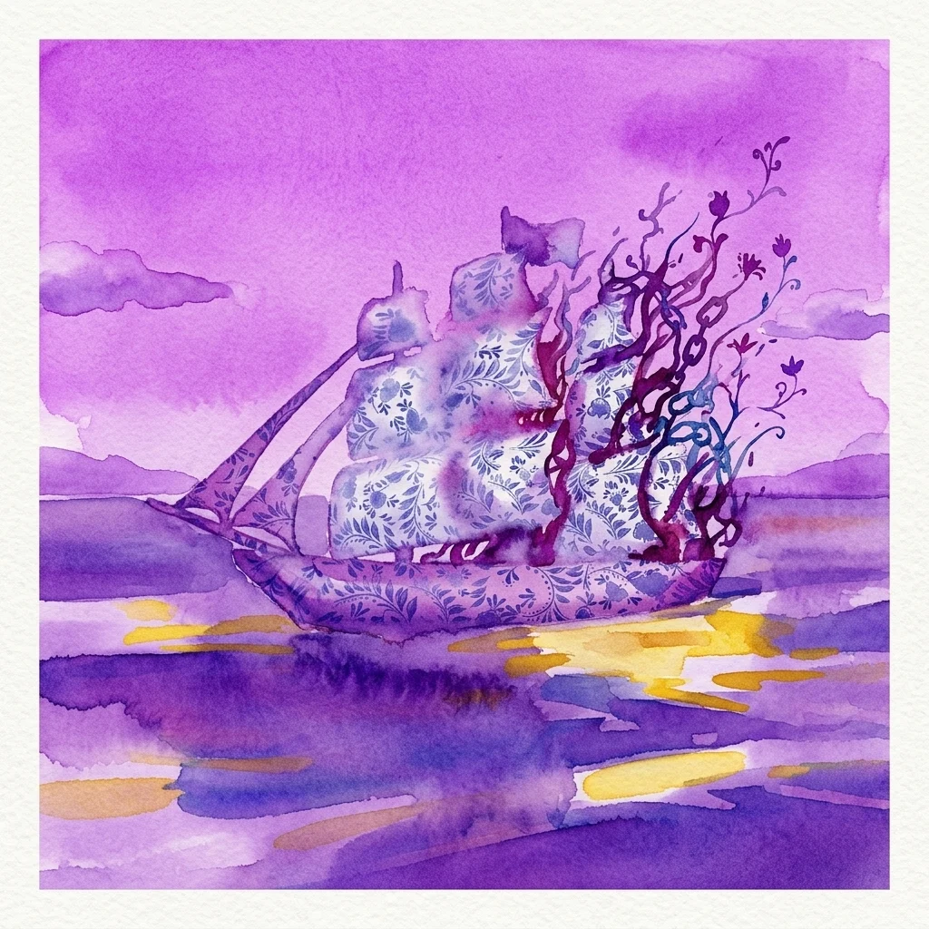 Een aquarel die een schip met zeilen in Delfts blauw-patroon op paars water afbeeldt, met abstracte wortels en bloemen die tevoorschijn komen, wat de historische band tussen de Zuiderzee en de slavernij in Nederland symboliseert.