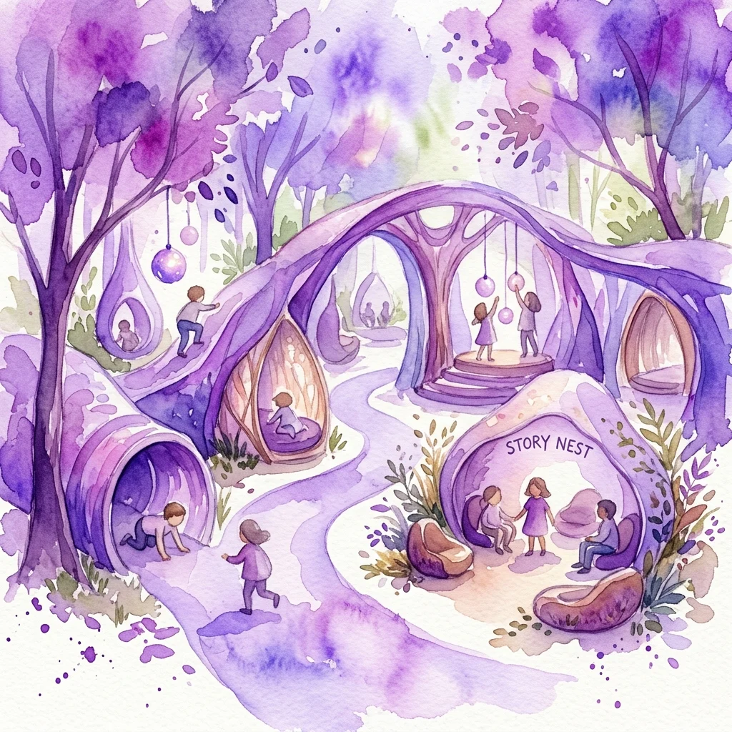 Kapryśna akwarelowa ilustracja instalacji interaktywnej o tematyce purpurowej dla dzieci i dorosłych, zawierająca organiczne struktury przypominające drzewa, strefę siedzeń „Gniazdo Opowieści” oraz zabawne elementy zachęcające do eksploracji i kontaktu z naturą.
