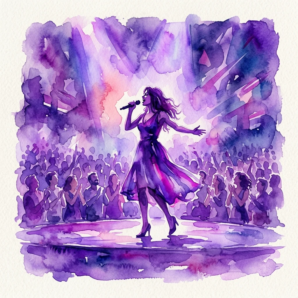 Watercolor illustration of a female performer singing on stage with a microphone, surrounded by an audience in a vibrant purple and pink atmosphere.