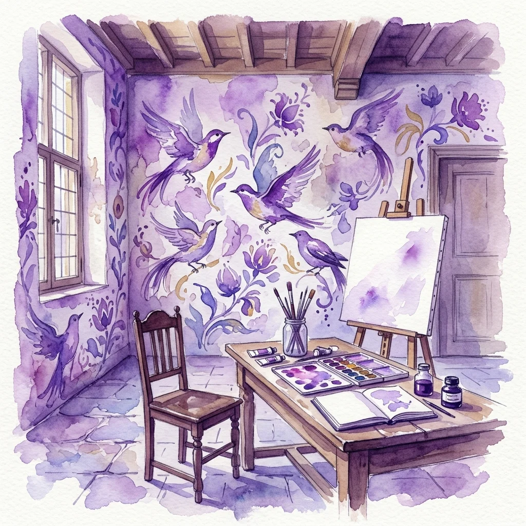 Ilustracja akwarelowa zabytkowego holenderskiego wnętrza z ręcznie malowanymi fioletowymi motywami ptaków na ścianach, z artystycznym biurkiem z przyborami, sztalugami i drewnianym krzesłem, łącząca tradycyjne rzemiosło ze współczesną sztuką.