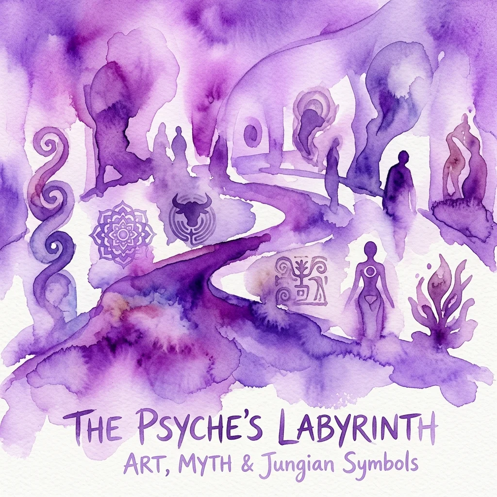 A purple watercolor illustration of a labyrinthine path with silhouettes, symbols, and figures, representing the psyche's journey through art, myth, and Jungian psychology.
