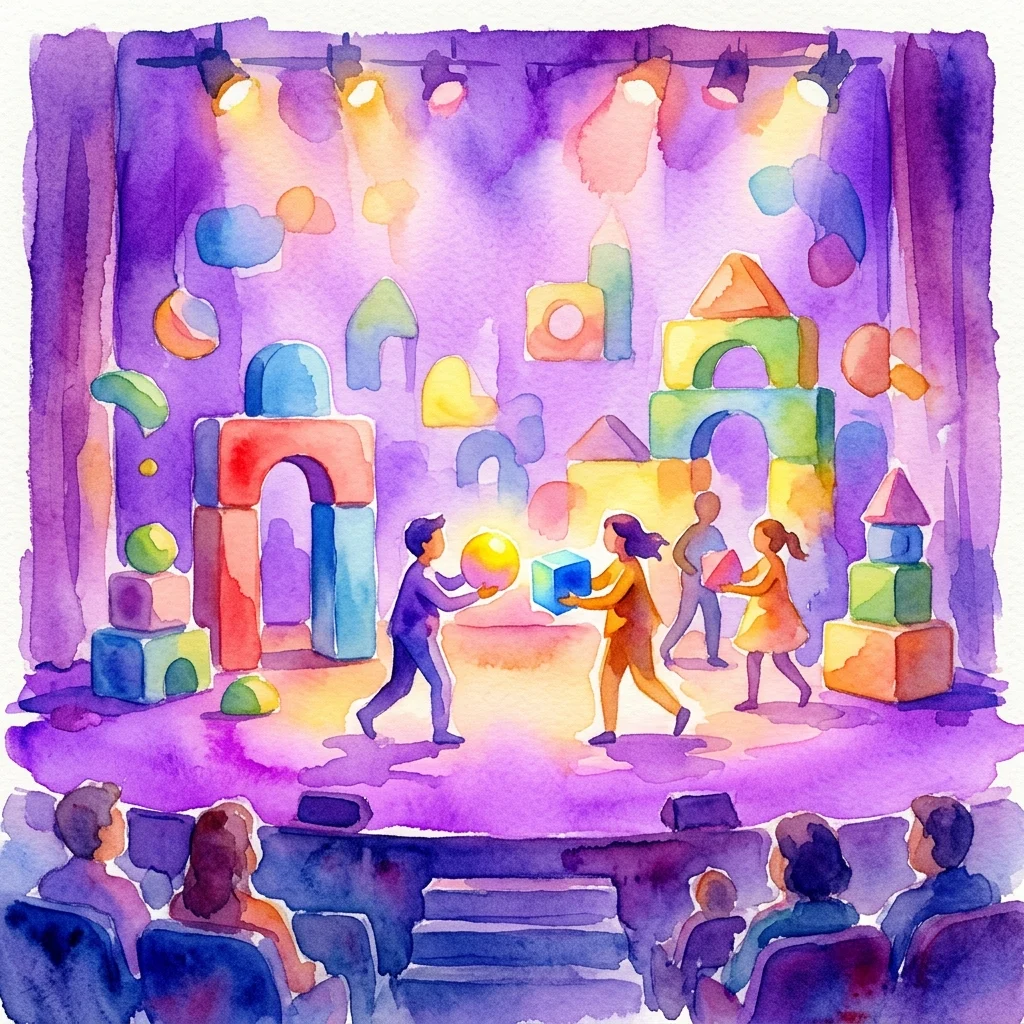 Ilustracja akwarelowa sceny teatralnej z kolorowymi, ponadwymiarowymi klockami i bawiącymi się dziećmi, przedstawiająca spektakl „Van Mij” dla dzieci w wieku 2,5–6 lat i dorosłych, eksplorujący tematykę własności i dzielenia się.
