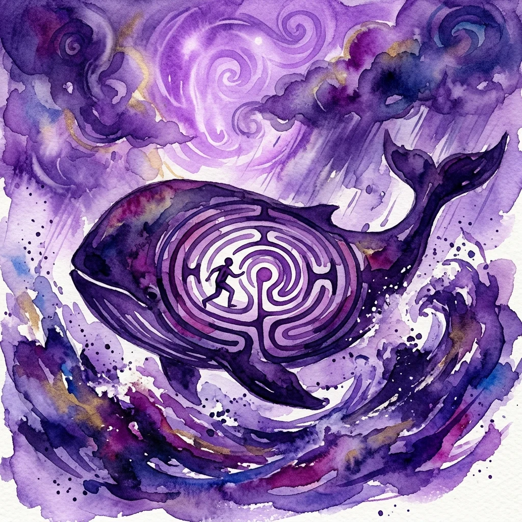 Een aquarel die een walvis met een labyrint vanbinnen afbeeldt, als symbool voor de zelfontdekkingsreis in het bijbelse verhaal van Jona en de psychologische concepten van Carl Jung.