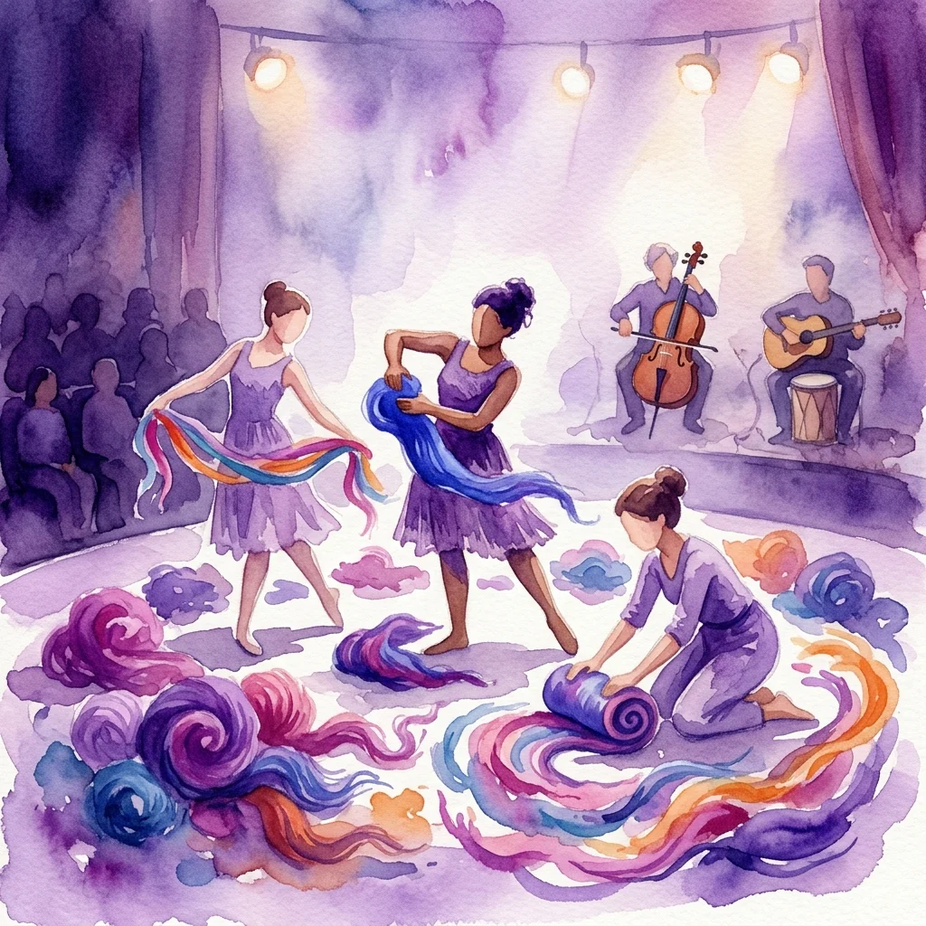 Una ilustración en acuarela de una actuación infantil titulada Vilt, con bailarines con trajes morados interactuando con materiales de lana de colores en el escenario, y músicos tocando el violonchelo y la guitarra al fondo.