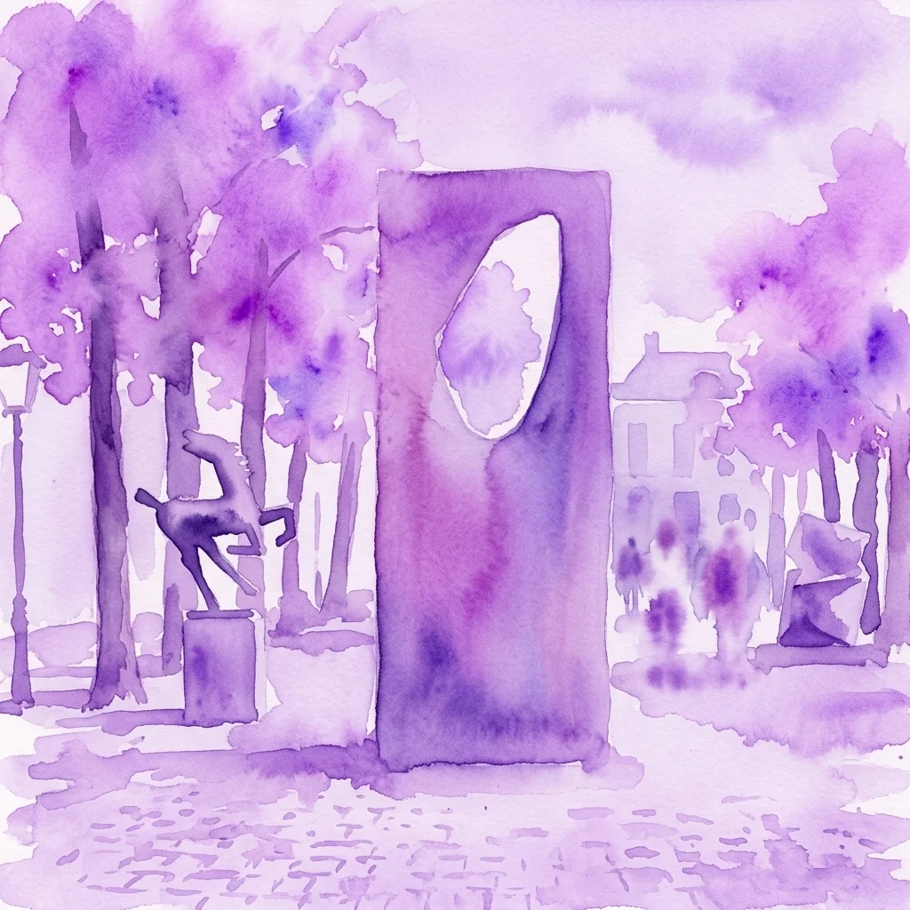 Waterverfschilderij van buitenbeelden langs een boomrijke straat, met een groot abstract beeld en kleinere figuren, en op de achtergrond het gebouw van Pulchri Studio onder een paars getinte hemel.