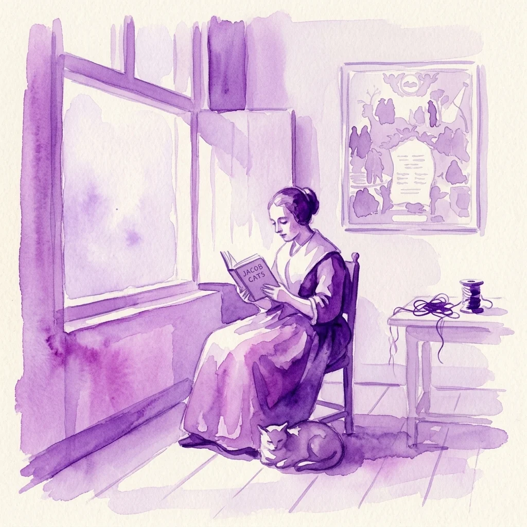 Una ilustración en acuarela púrpura de una mujer con atuendo holandés del siglo XVII leyendo un libro de Jacob Cats, con un gato a sus pies y una estampa enmarcada en la pared, que representa una escena de la exposición Vrouwelick.
