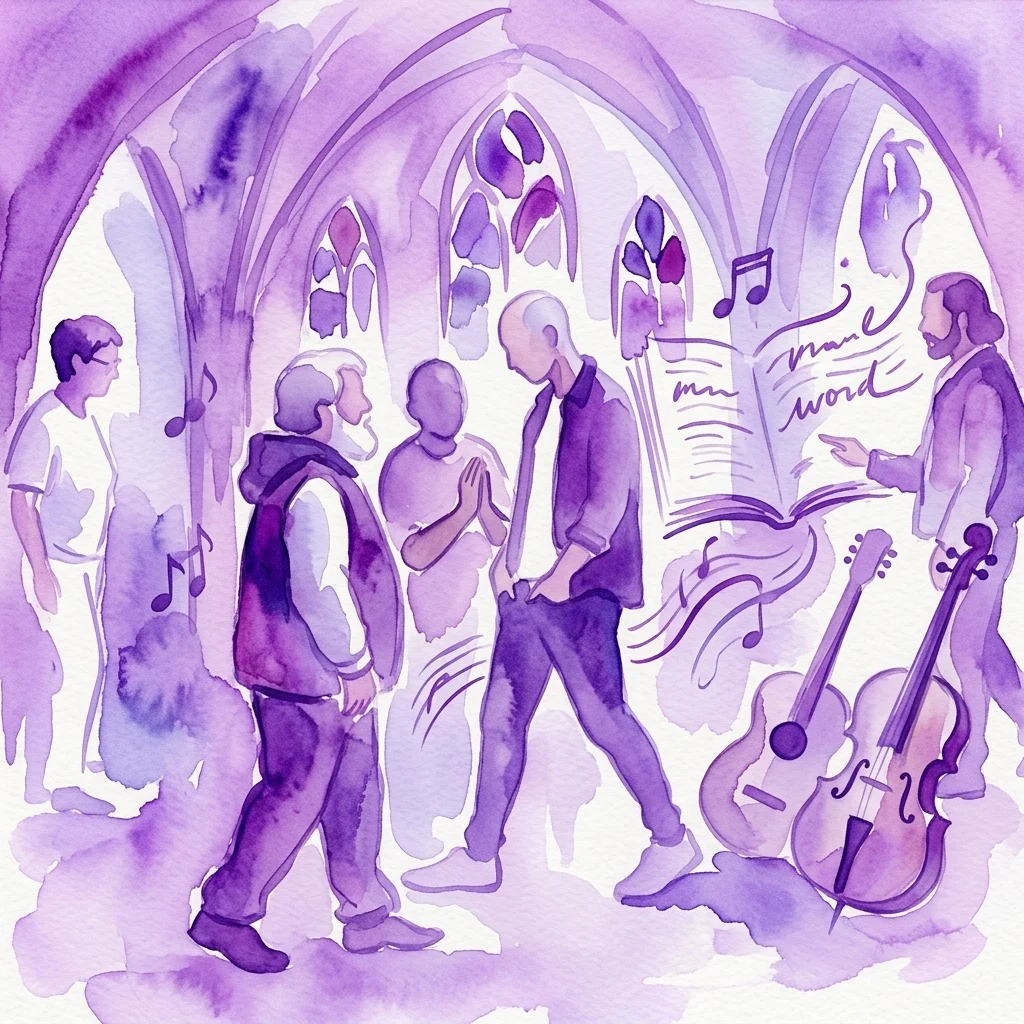 Una ilustración en acuarela de un grupo diverso de personas en un interior similar a una iglesia, participando en narración, música y reflexión, con instrumentos musicales y un libro abierto, evocando temas de conexión y crecimiento personal.