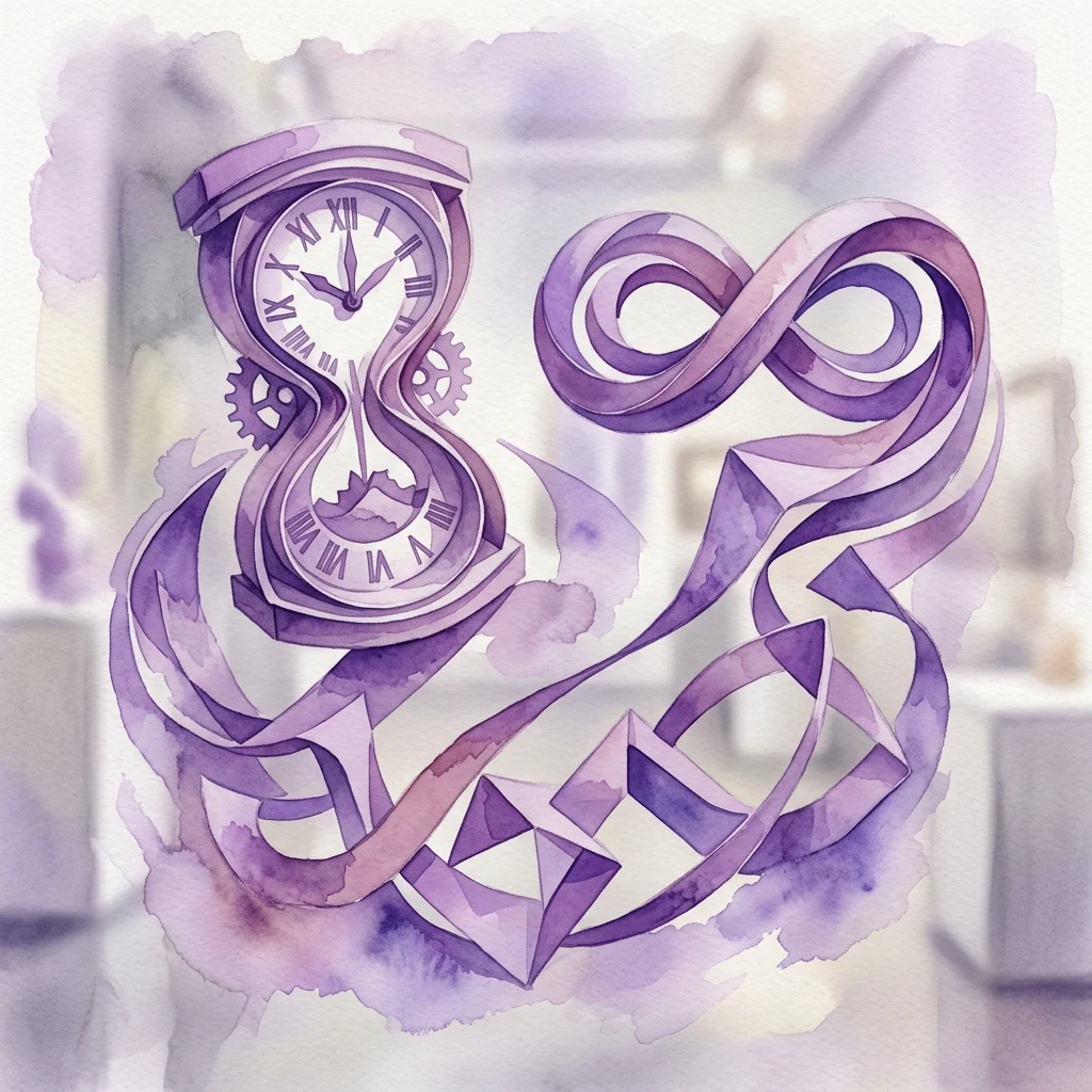 Una ilustración en acuarela de un reloj de arena morado y un símbolo de infinito, que representan el tiempo y la eternidad, creada por Annita Smit para una exposición de arte en papel.