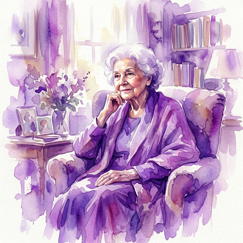 Watercolor illustration of an elderly woman with white hair, wearing a purple robe, seated in an armchair in a cozy room with bookshelves and personal mementos.