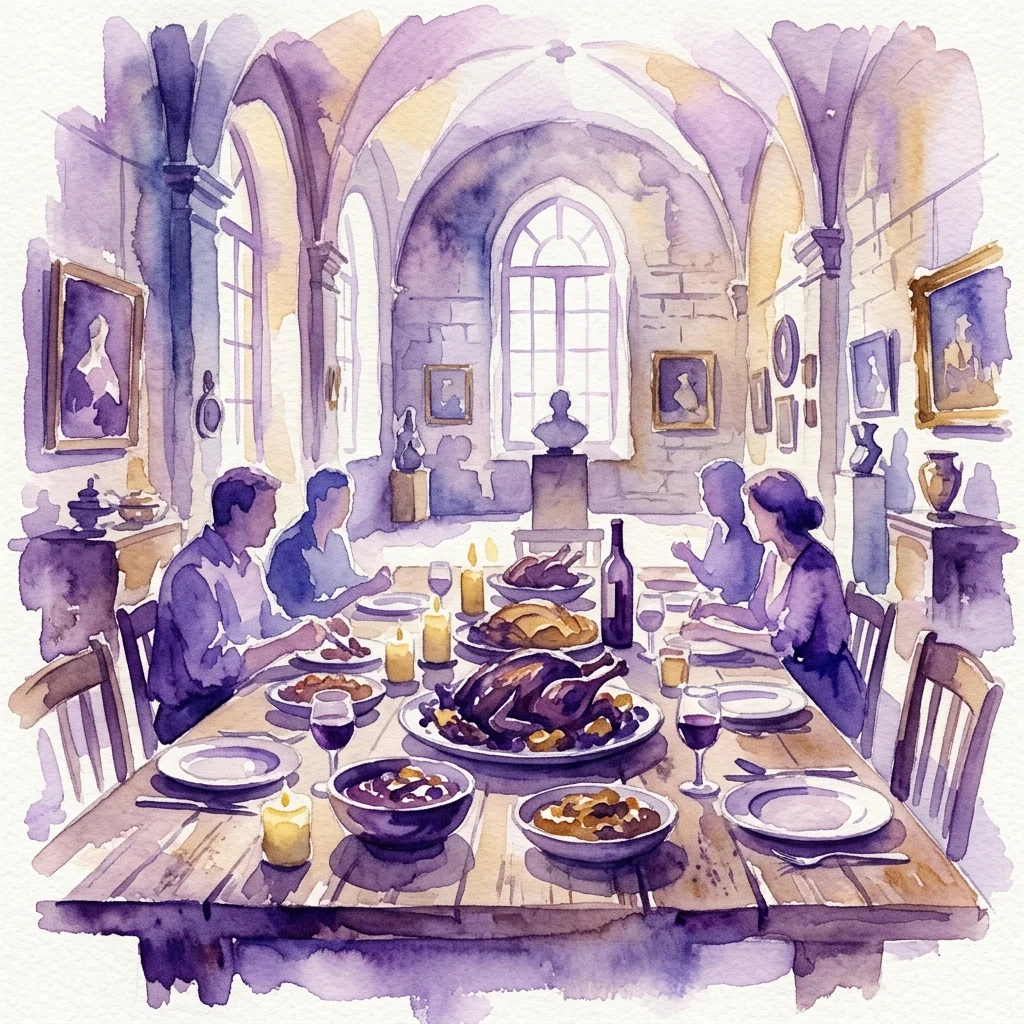 Ilustracja akwarelowa przedstawiająca grupę jedzącą przy długim stole z pieczonym mięsem i świecami w zabytkowej kamiennej sali z łukowymi oknami i dziełami sztuki, przywołująca na myśl muzeowe doznania kulinarne.