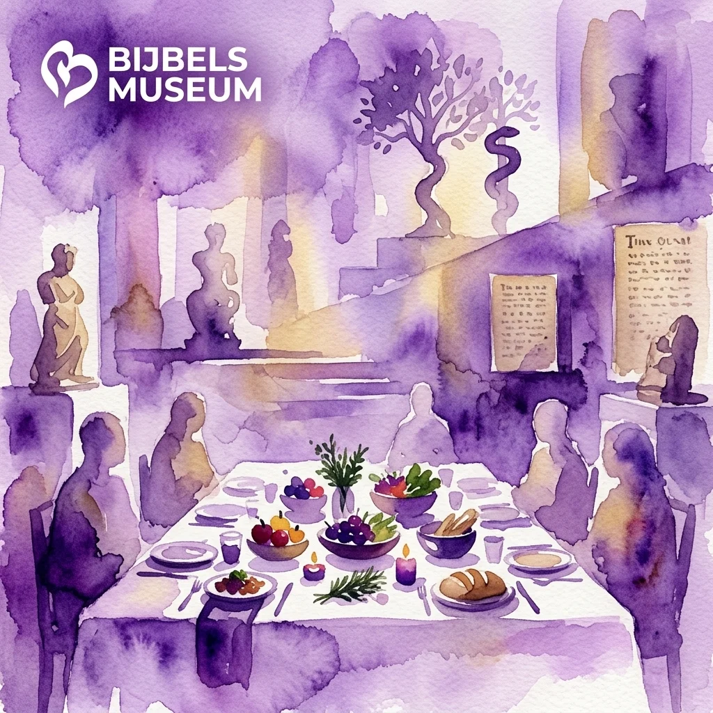 Waterverfillustratie van een dinerscène in het Bijbels Museum, met gasten aan tafel met eten en drinken, omringd door beelden en een boom, wat een mystieke tuinsfeer oproept.