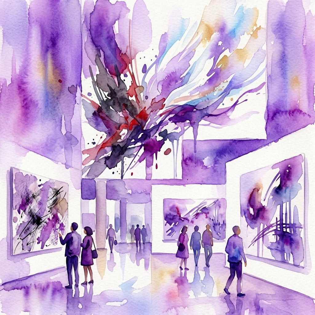 Waterverfillustratie van bezoekers in een kunstgalerie die abstracte schilderijen bekijken, met een groot centraal kunstwerk met dynamische paarse, blauwe en rode spetters die vrijheid en strijd symboliseren.