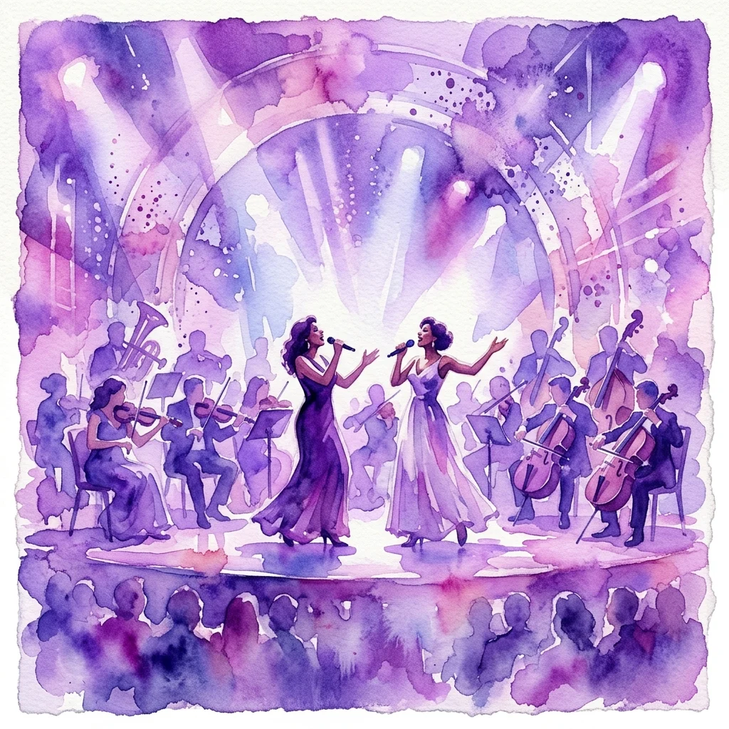 Ilustracja akwarelowa przedstawiająca dwie wokalistki występujące na scenie z orkiestrą, promująca koncert „Woman in Love: Songs from Streisand with Orchestra” z udziałem Renée van Wegberg i Channah Hewitt.