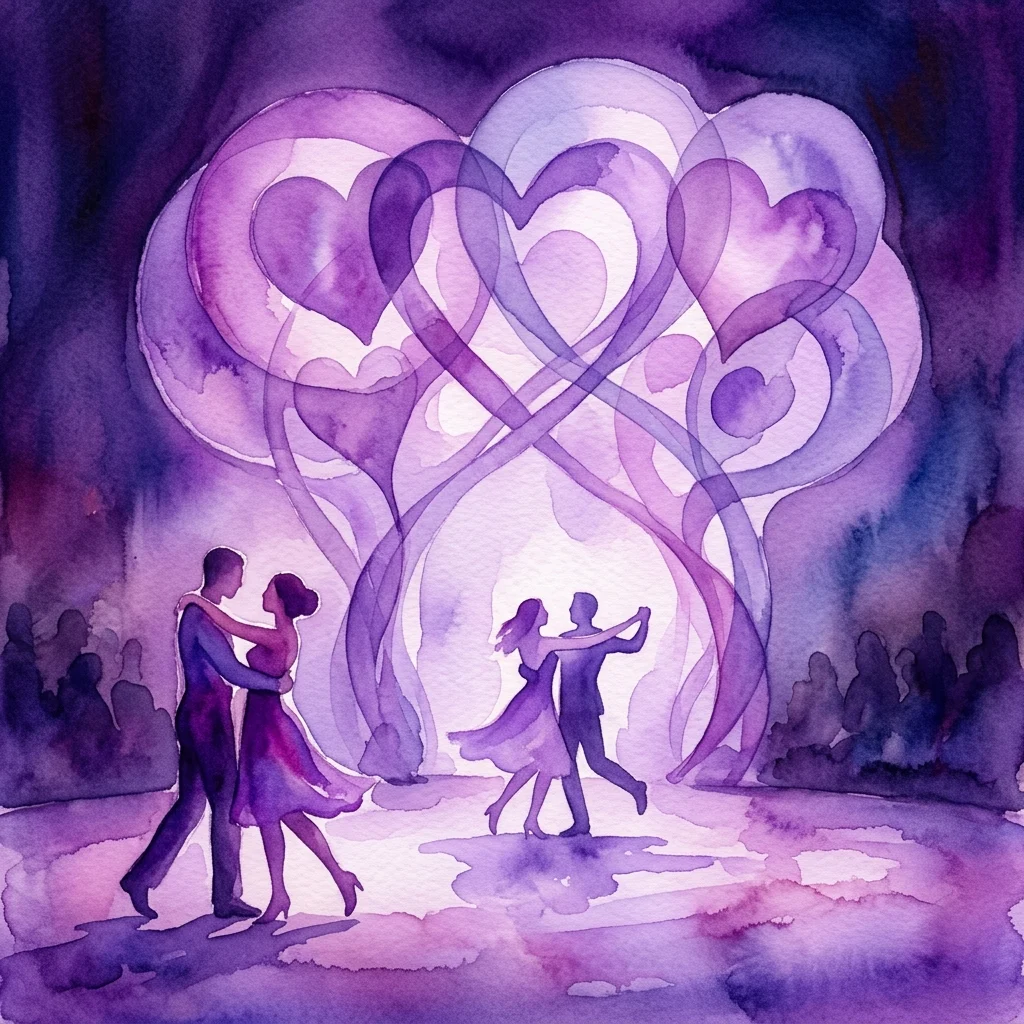 Ilustración en acuarela de un escenario teatral con bailarines en silueta, rodeado de formas de corazón púrpuras arremolinadas, que representan una actuación sobre el amor y la conexión.