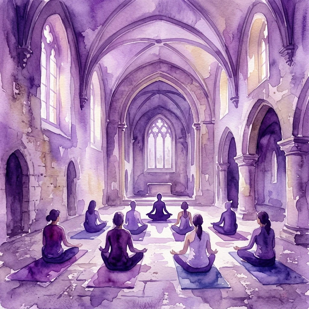 A watercolor illustration of a yoga session in a historic church nave, with participants meditating on mats under arched ceilings and stained glass windows.
