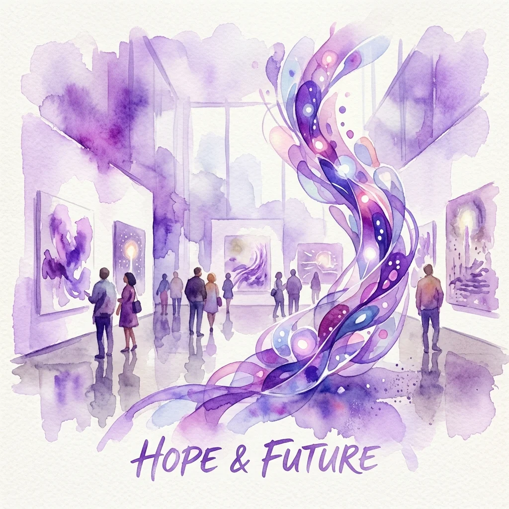 Una ilustración en acuarela de una galería de arte con visitantes admirando obras de arte abstractas, que presenta una gran instalación arremolinada en tonos púrpura y azul con el texto 'HOPE & FUTURE' en la parte inferior.
