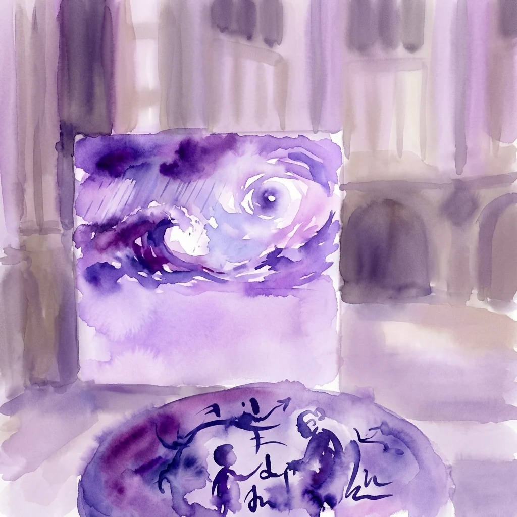 Een kunstwerk in aquarel-stijl met een groot oog en abstracte figuren, dat de videotheatervoorstelling 'Zondvloed nu: Waves' van Stephanie Nypels en Ingemar Jorijn Mulder vertegenwoordigt.