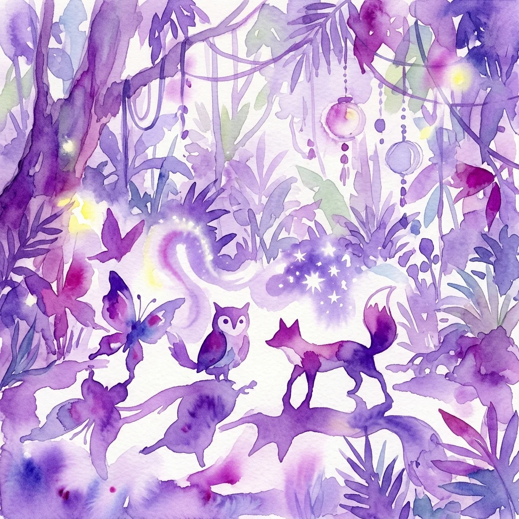 Ilustracja akwarelowa fantazyjnej sceny z dżungli w odcieniach fioletu i błękitu, z sylwetkami zwierząt, takich jak sowa, lis i motyl, otoczona przez liście i świecące lampiony.