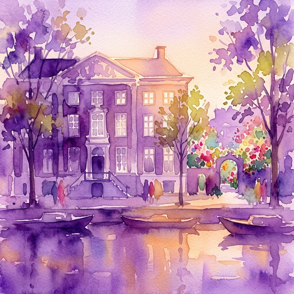 Aquarelillustratie van het historische Corvershof in Amsterdam, een gebouw aan de gracht dat zijn 300-jarig jubileum viert, met boten op het water en een levendige tuin op de achtergrond.