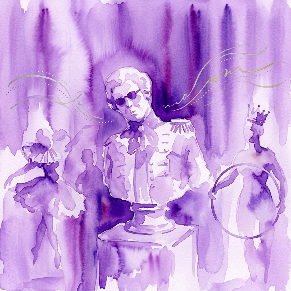 Waterverfillustratie van een centrale figuur in historische kledij met een zonnebril, omringd door silhouetten van dansers en een gekroond figuur, alles uitgevoerd in paarse tinten met gouden accenten.