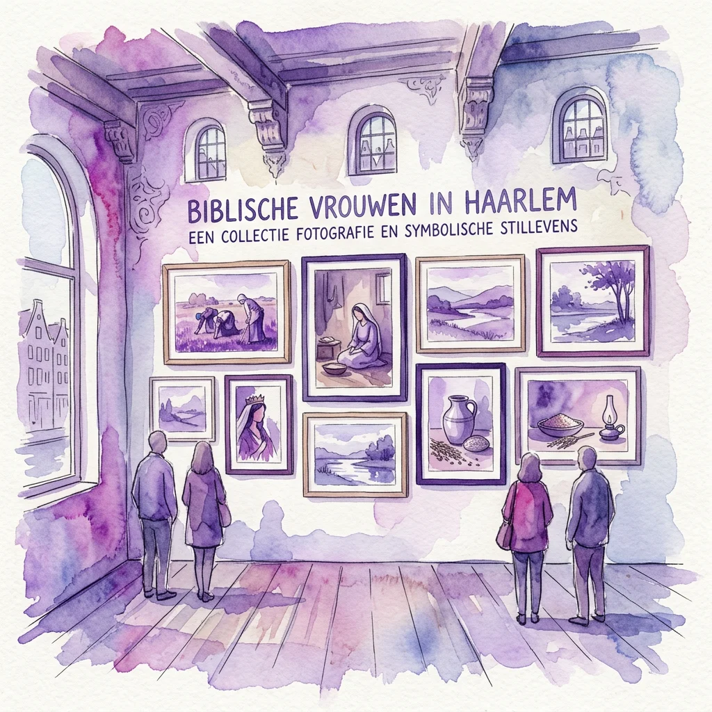 Illustration of an art gallery with visitors viewing a photography exhibition titled 'Biblische Vrouwen in Haarlem' featuring portraits of biblical women, landscapes, and symbolic still lifes.